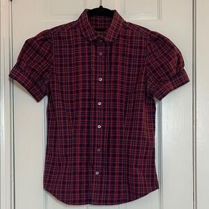 Rugby, Ralph Lauren, Navy & Red, Plaid Button Down Short Sleeve Shirt, Size 6
